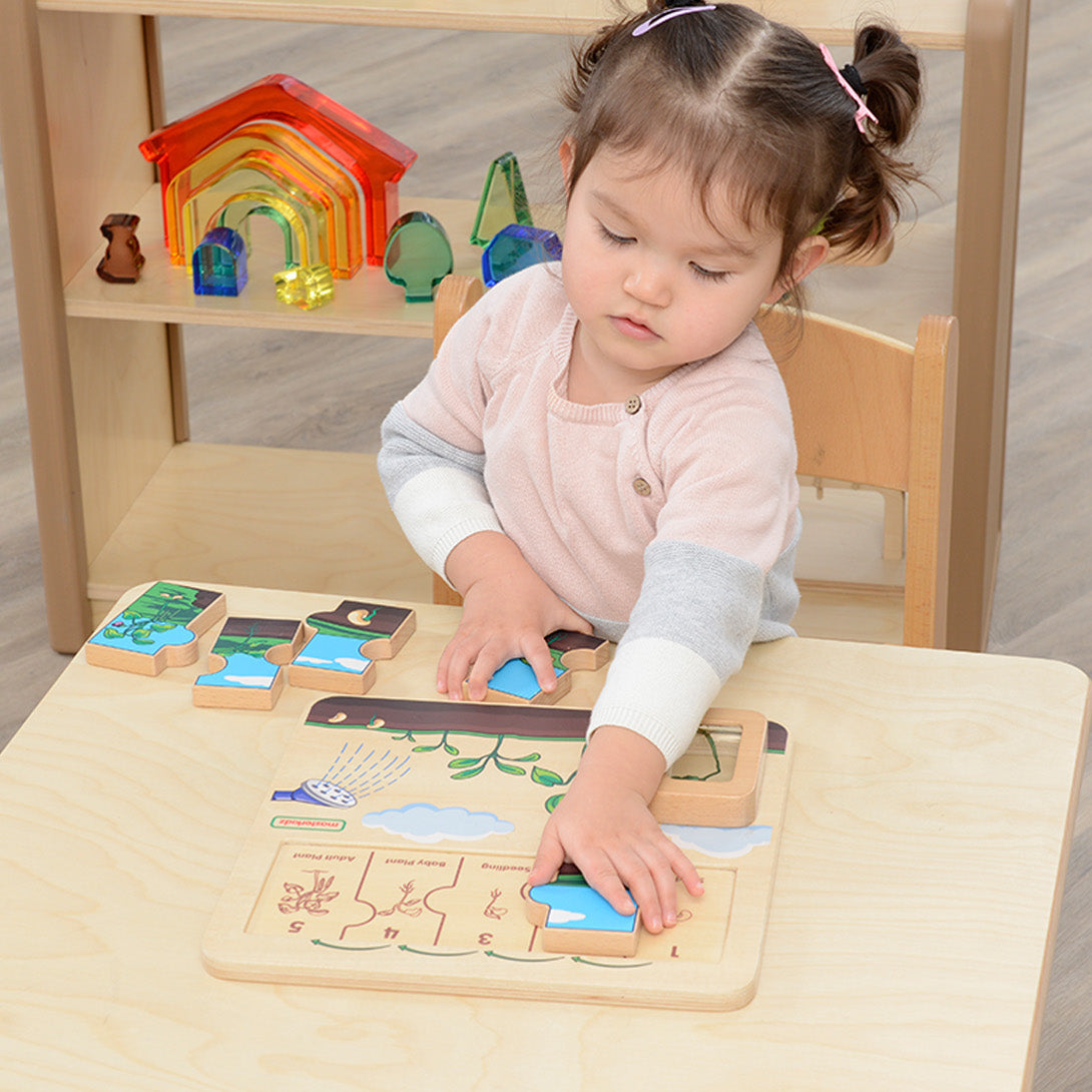 Children arranging plant growth puzzle at home or preschool