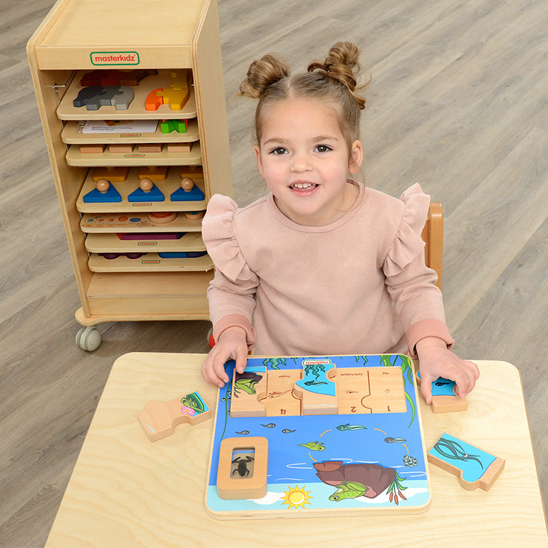 Children arranging Masterkidz frog life cycle puzzle pieces to learn life cycles