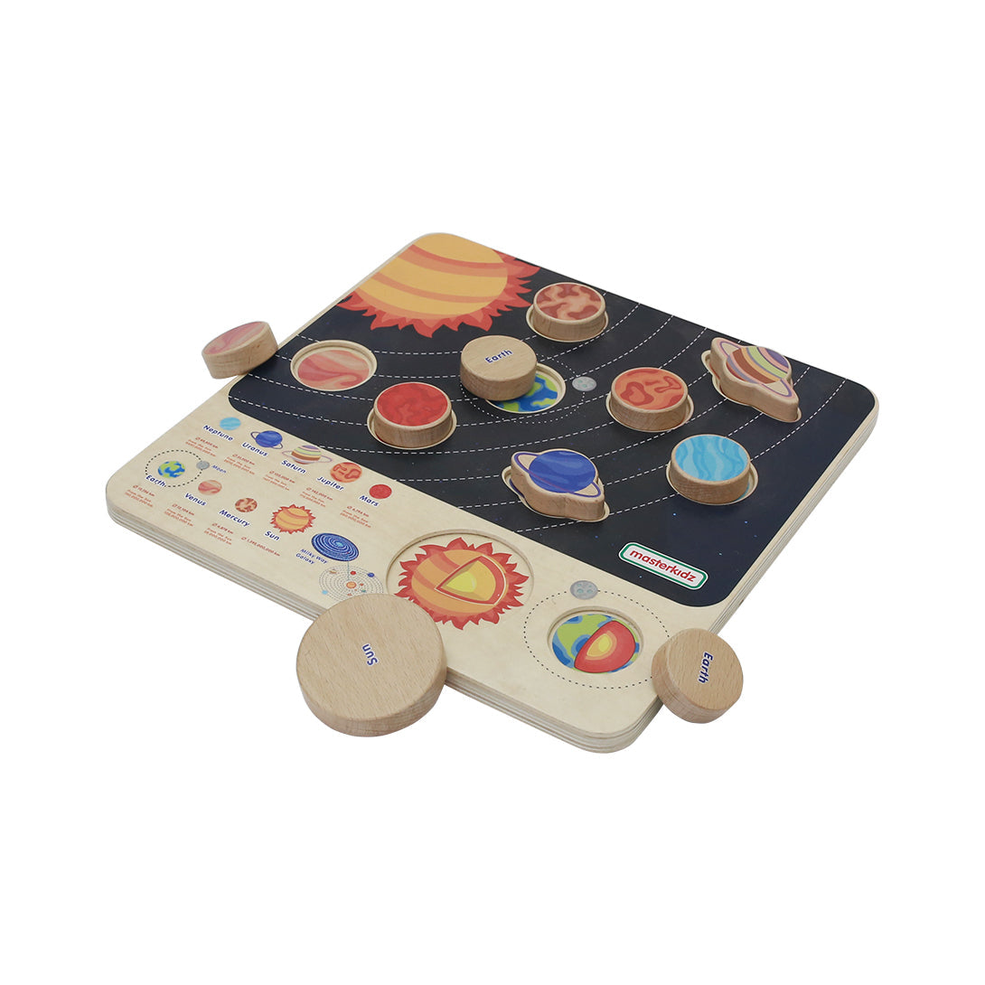 Wooden interactive Solar System board by Masterkidz, designed for preschool and home astronomy learning activities