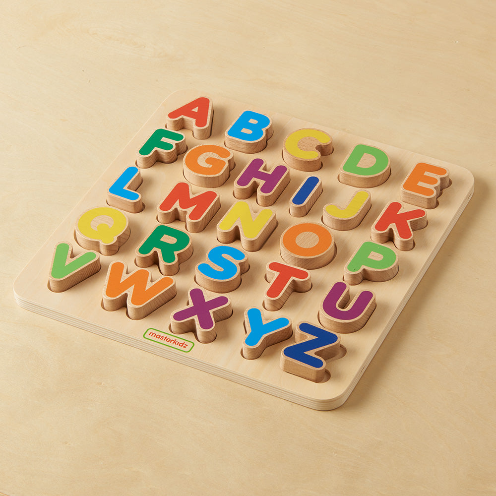 Montessori Wooden Alphabet Puzzle - Uppercase ABC Board with Color Coding for Toddlers - Preschool Learning, Fine Motor Skills Toys