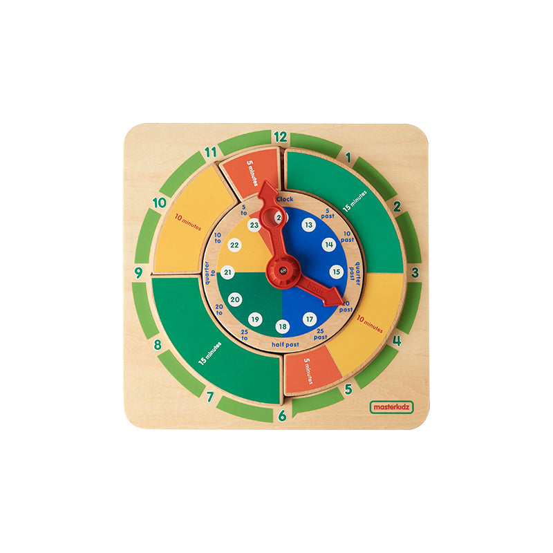 Interactive clock for teaching 12-hour and 24-hour time.