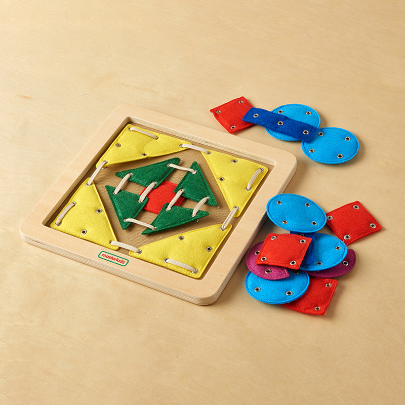 Masterkidz lacing board teaching shape recognition and symmetry through threading.