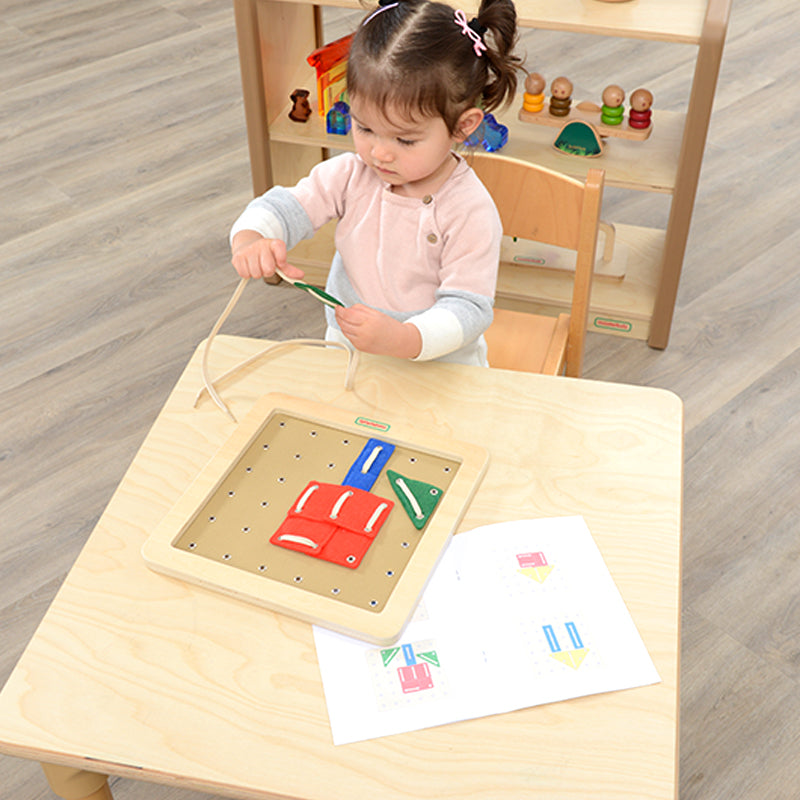 Colourful lacing activity board helping children develop coordination and dexterity.