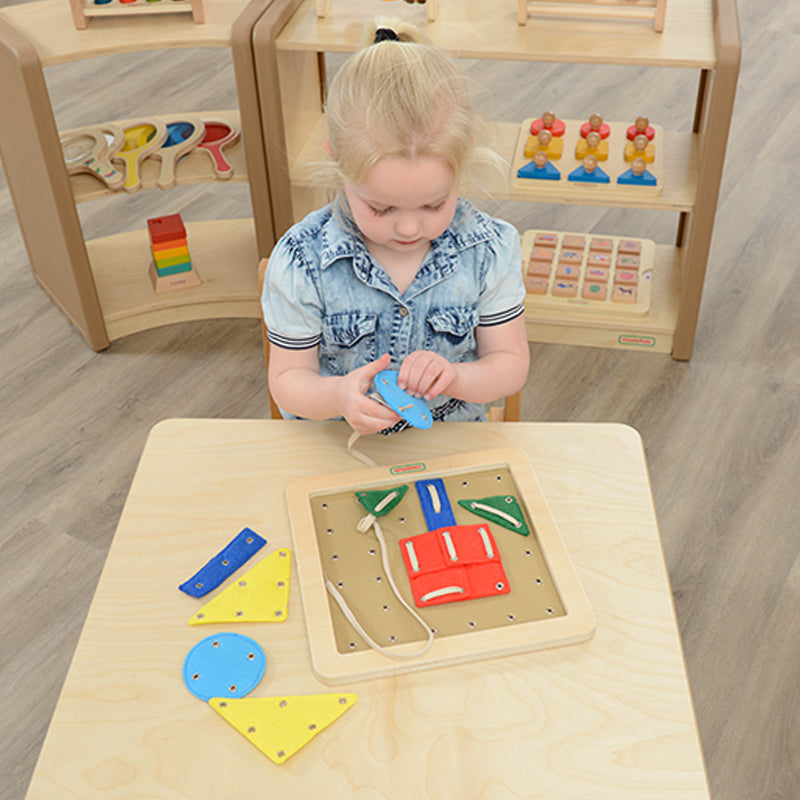 Hands-on toy for children to practice threading, fine motor skills, and creative pattern-making.