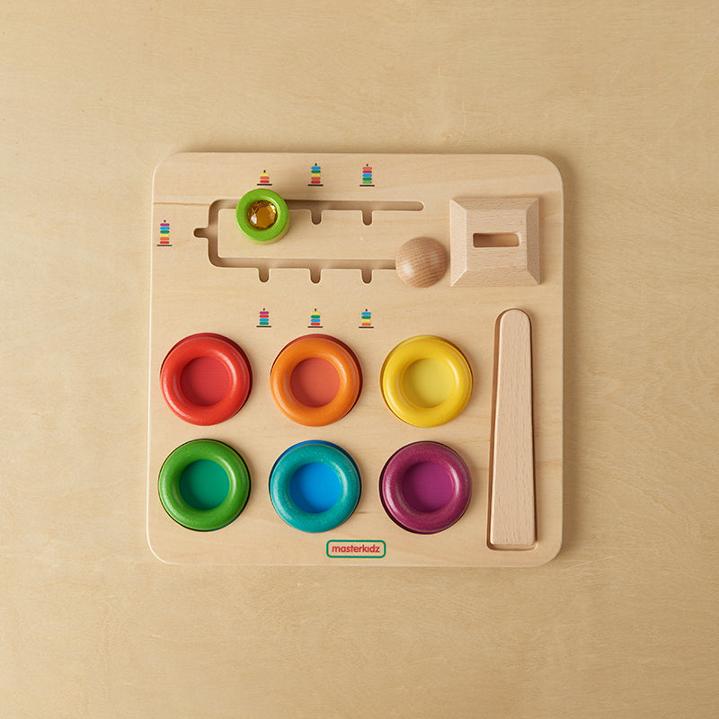 Masterkidz ring stacking toy with 6 colourful rings for preschoolers to arrange and stack.