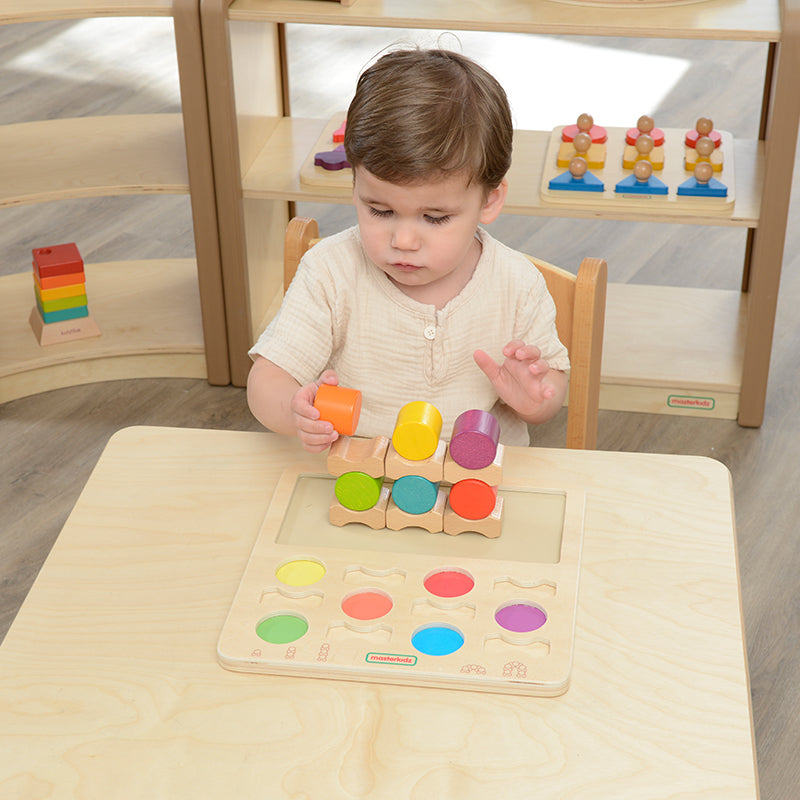 Educational stacking toy for colour recognition and spatial awareness for preschoolers.