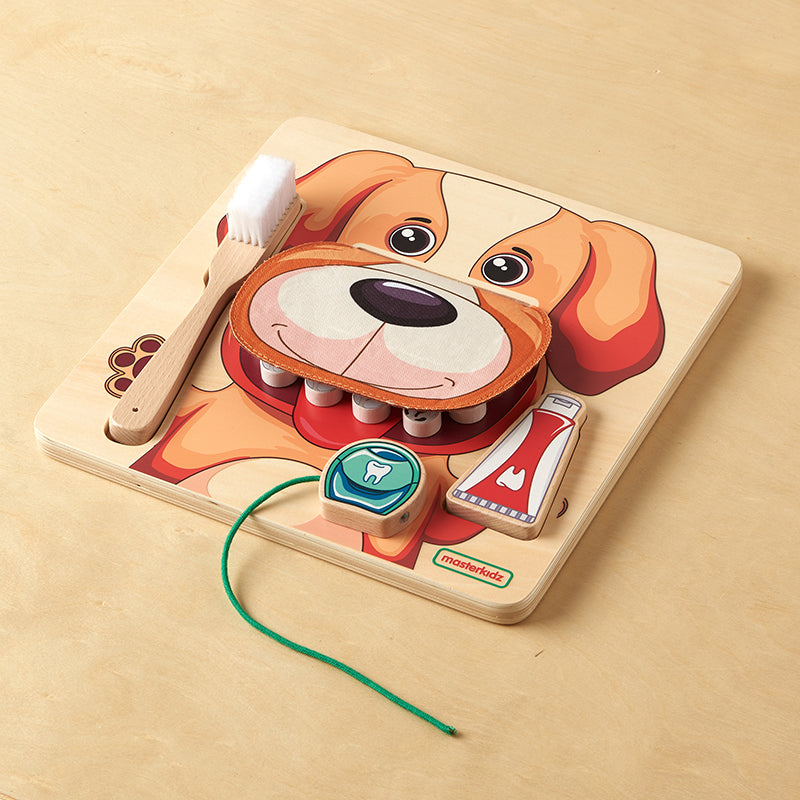 Interactive educational toy teaching kids how to care for teeth with brushing and flossing.