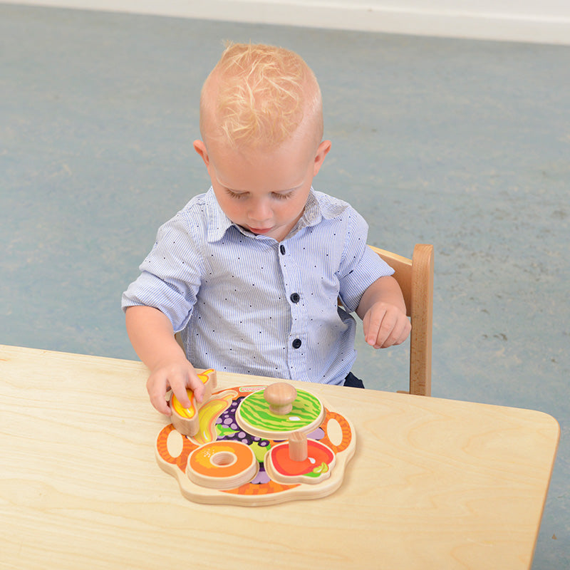 Wooden puzzle toy with different knobs and pegs for fine motor practice