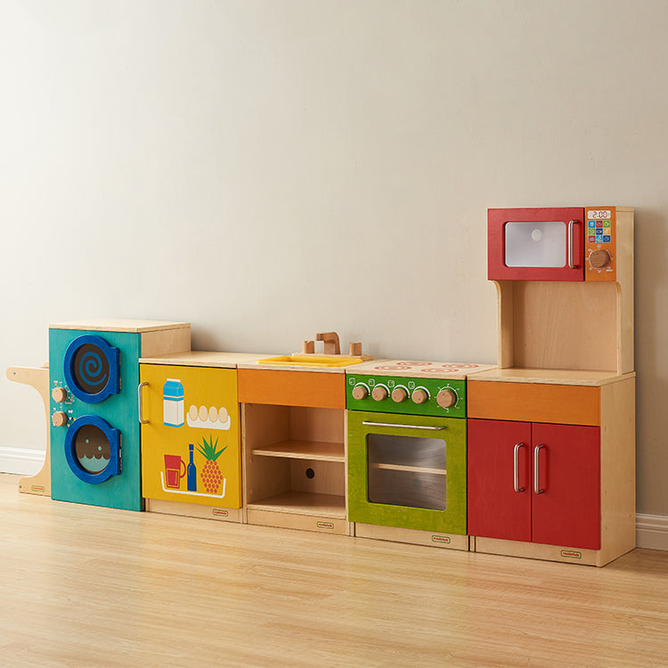 Children’s pretend fridge with internal shelving for play food.