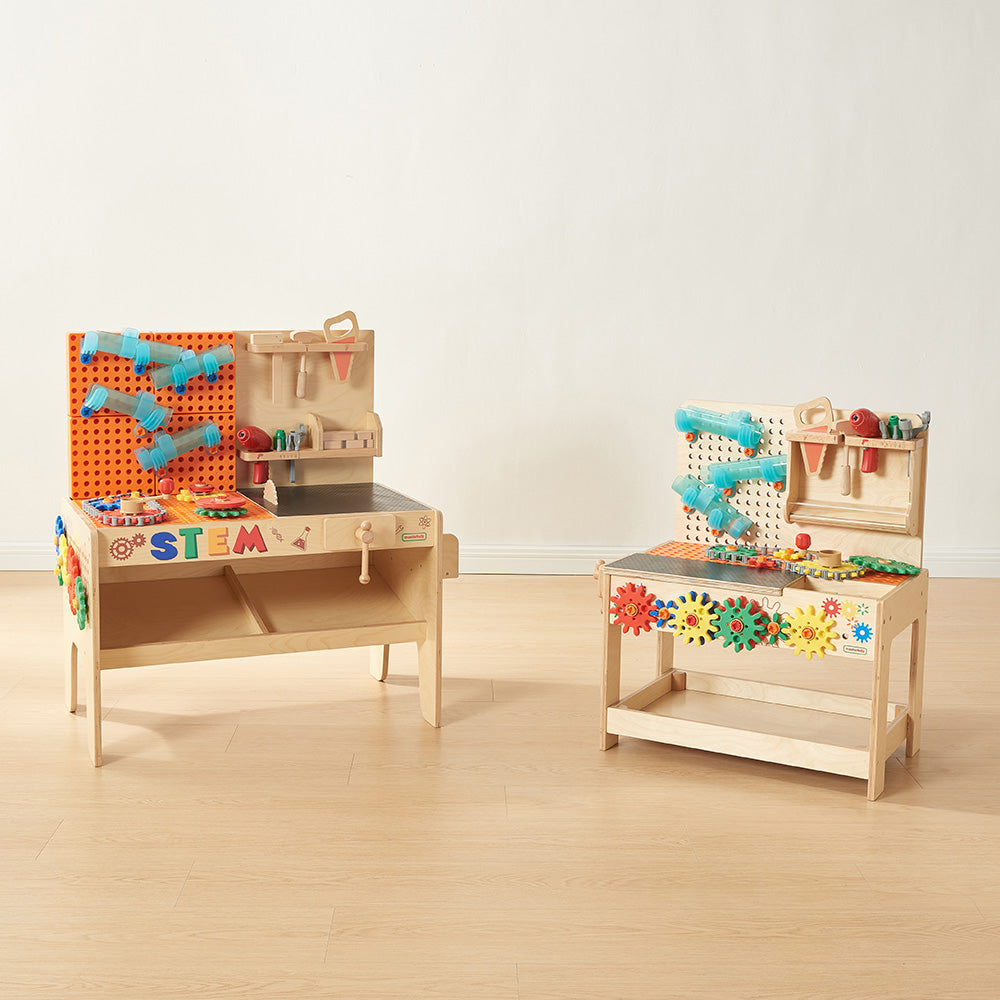 Kids experimenting with building bricks and STEM tools on the bench.